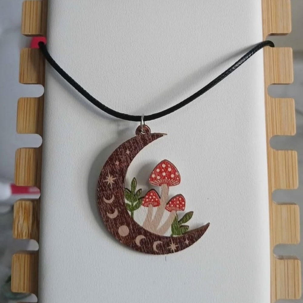 3/$8 New Mushroom Moon Necklace Wood Jewelry Womens Accessories